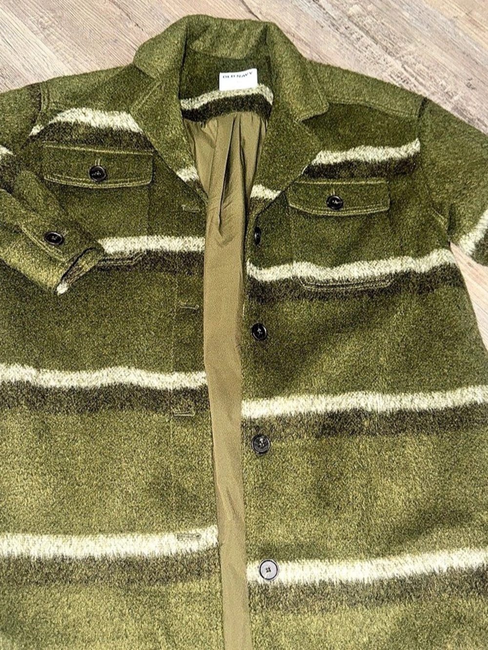 Old Navy Striped Shirt Jacket in Green & White Size Large Like New